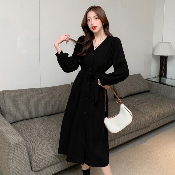 

casual dresses chiffon loose women fashion long sleeve solid color v-neck autumn dress a-line mid-calf houthion, Black;gray