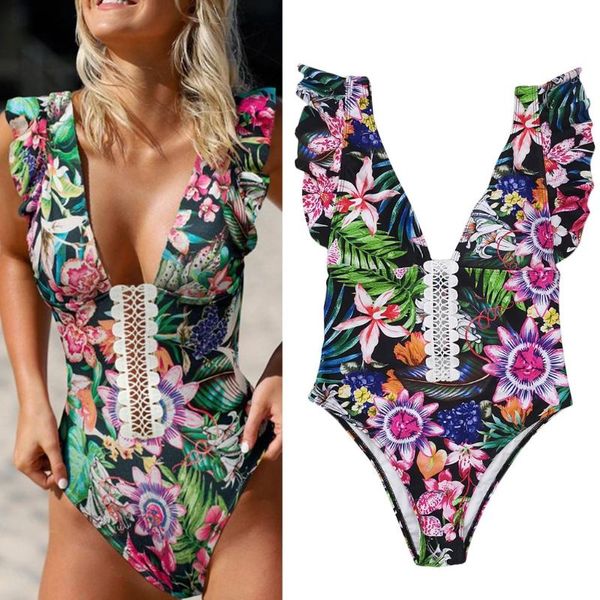

one-piece suits f62e women bikini swimsuit ruffles v-neck backless floral monokini