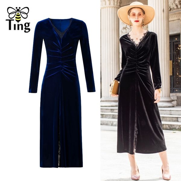 

france fashion v neck slip velvet dress elegant party night es lady casual slim office work lace 210513, Black;gray