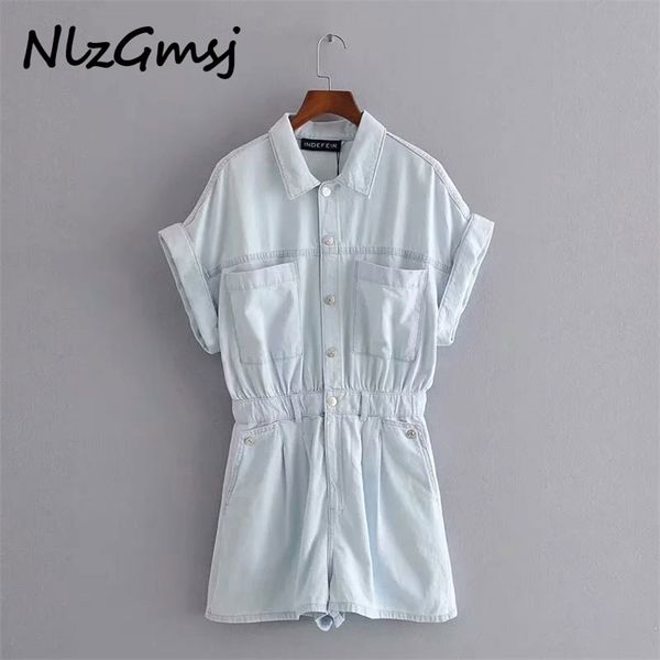 

jumpsuit women pockets denim playsuits vintage turn-up sleeves elastic waist female short jumpsuits mujer 210628, Black;white