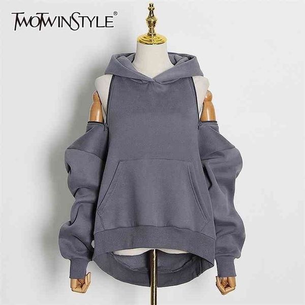 

twotwinstyle casual solid sweatshirt for women hooded collar long sleeve hollow out minimalist sweatshirts female fashion fall 210909, Black
