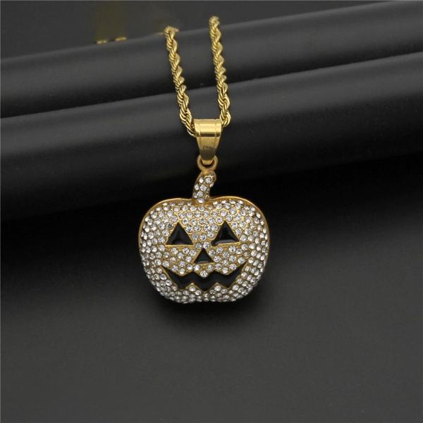 

hip hop iced out pumpkin pendant necklaces gold color stainless steel necklace for women men hiphop halloween jewelry 2021, Silver