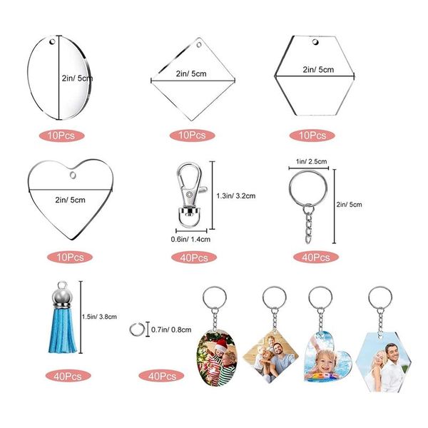 Chaveiros 200 pcs Acrílico Keychain Blanks com Borlas Kit Bulk Snap Hooks Mini Jump Anéis para Projetos DIY Crafts299b