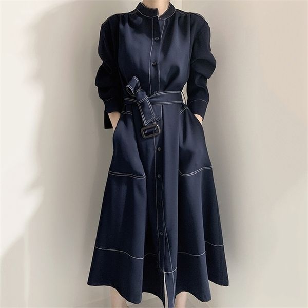 

women's spring autumn dress korean retro solid color stand-up collar mid-length loose tie long-sleeved es ll811 210506, Black;gray