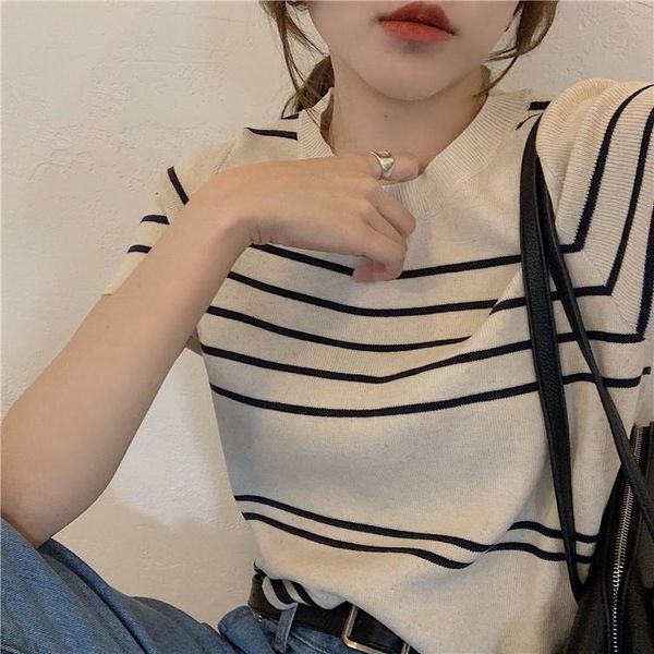 

women's t-shirt striped slim short sleeve with round neck tee, White