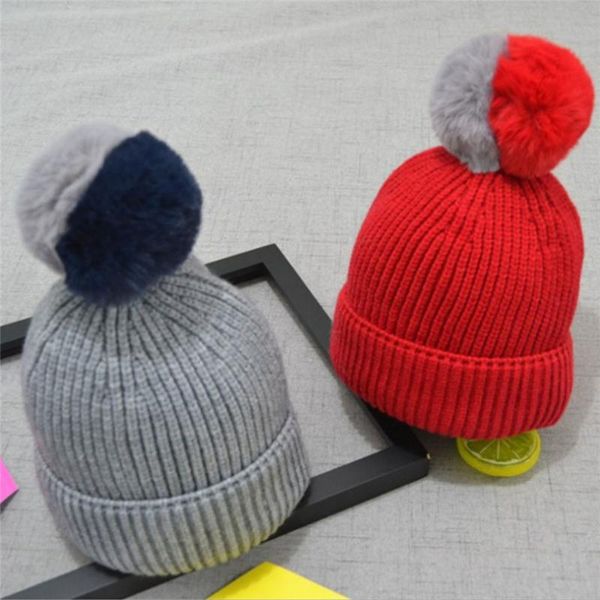 

hair accessories cute winter baby children knitted hats double color ball beanies cap warm kids crochet boy girl fur, Slivery;white