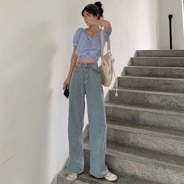 

women's jeans light color mopping loose 2021 summer slim versatile long pants washed high waist wide leg, Blue