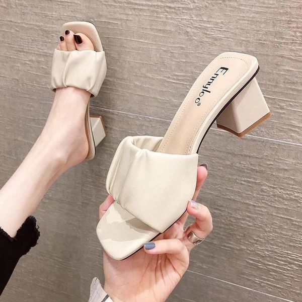 

slippers high-heeled shoes lady square toe ladies' slipers women rubber flip flops luxury slides med shallow 2021 summer hawaiia, Black