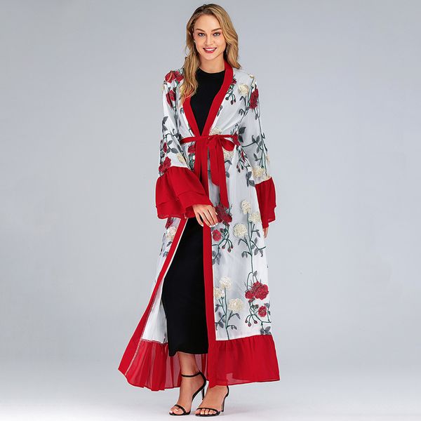 

robe femme dubai abaya kimono cardigan muslim hijab dress kaftan moroccan abayas for women caftan qatar turkish islam clothing, Red