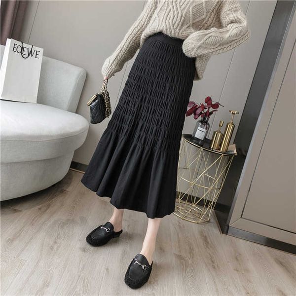 

skirt 2021 a-line autumn and winter wrinkle pure color fresh sweet knitting long splicing korean half length, Black;gray