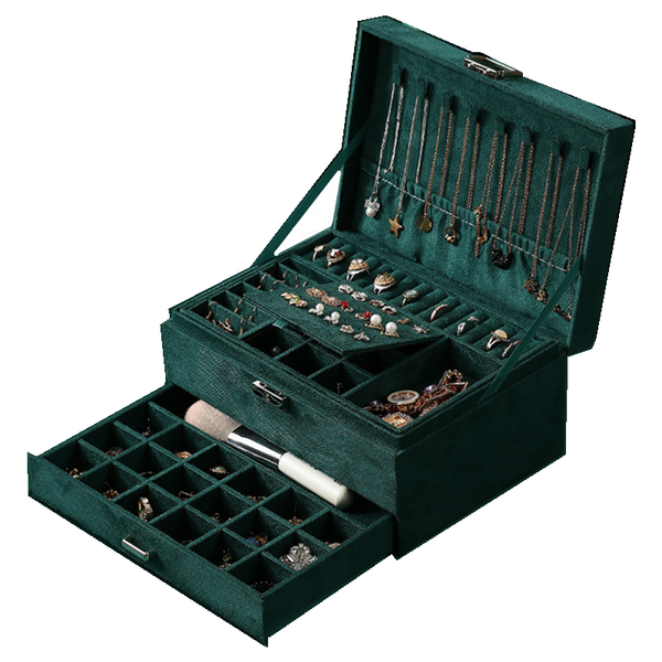 

three-layer new retro flannel jewelry box with mirror earrings ring necklace jewelry storage box dark green color, Black;white