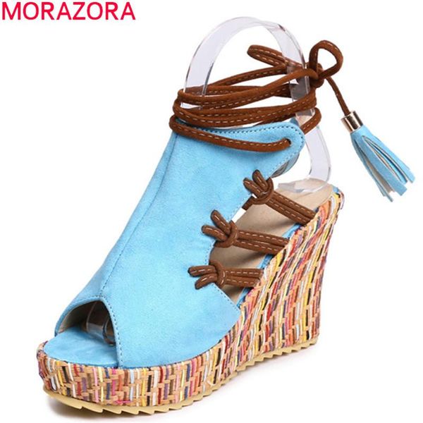 

est women gladiator sandals flock open toe 10cm wedges platform shoes woman summer lace up party female, Black