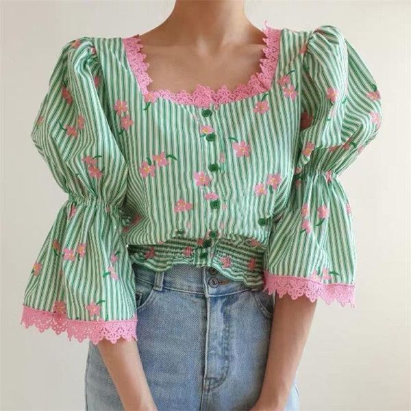 

women's blouses & shirts alien kitty spring sweet flare sleeves geometric flowers printed striped chic 2021 loose office lady women sli, White