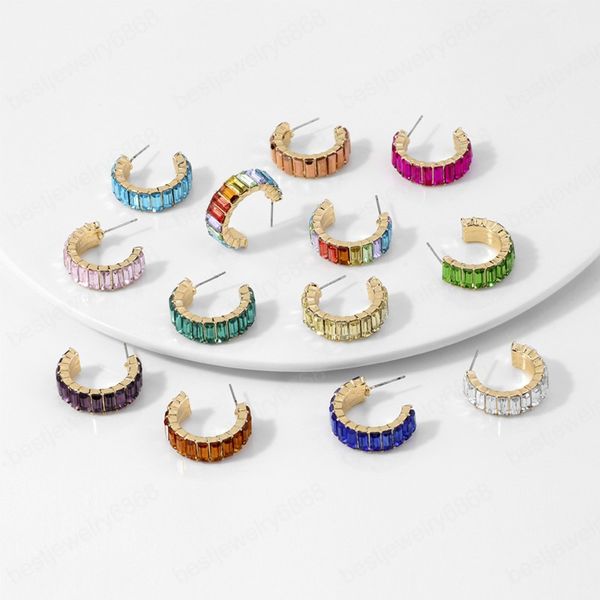 

fashion geometric round circle rainbow cubic zirconia stud earrings for women girl colorful earring jewelry party gift, Golden;silver