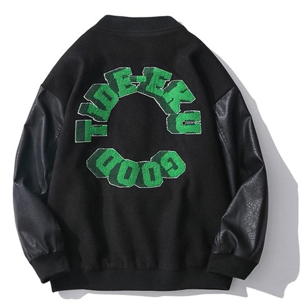 

men's jackets streetwear bomber jacket leather sleeve pu motorcycle autumn winter college hip hop baseball korean varsity coat, Black;brown