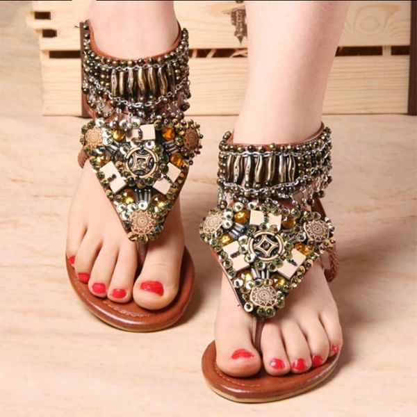 

summer shoes women sandals bohemian beading crystal sandalias female bead pendant flip flops beach size 35-40, Black
