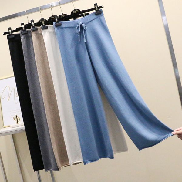 

women's pants & capris womens autumn winter loose cashmere blend knitted ankle thickening warm curled hem knitting trousers female, Black;white