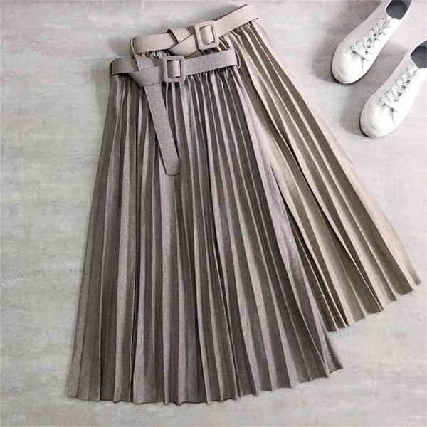 

autumn winter korean high waist skirt woolen with belt pleated thickened herringbone a- line women 210621, Black
