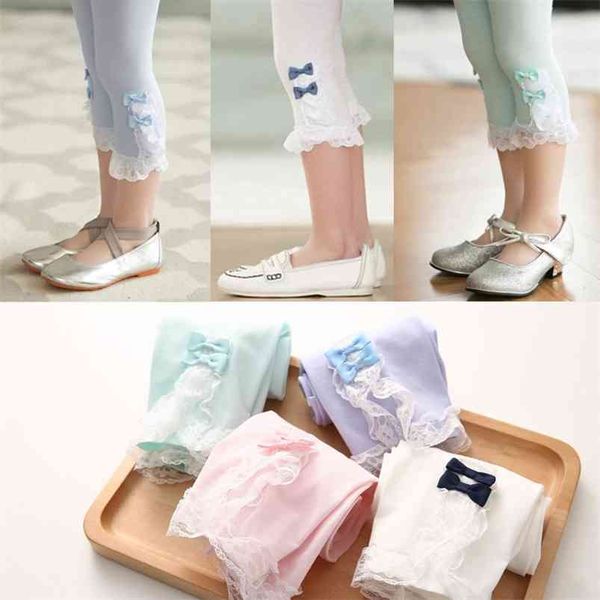 

summer 3 4 6 8 10 years children candy color capris bow lace patchwork kids girls calf length three quarter leggings 210625, Blue
