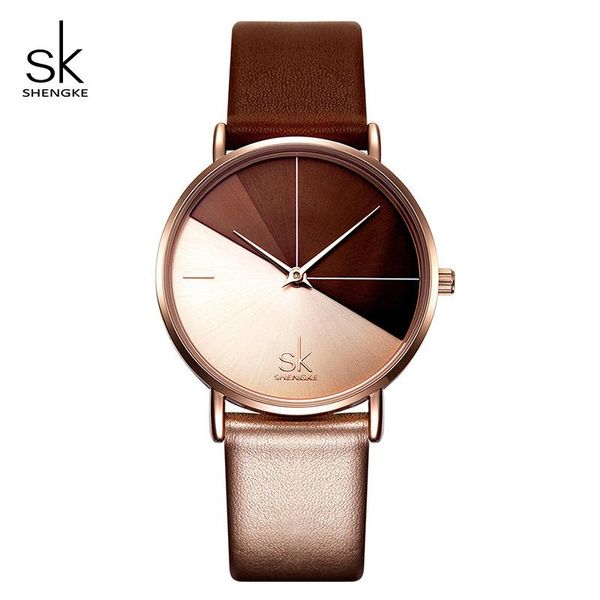 

wristwatches shengke brand creative ladies quartz watch contrast color women wrist watches leather strap montre femme 2021 fashion clock, Slivery;brown