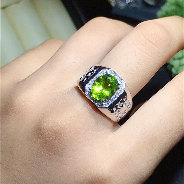 

cluster rings natural olivine men's ring green gemstone 925 sterling silver birthday gift includes certificate, Golden;silver