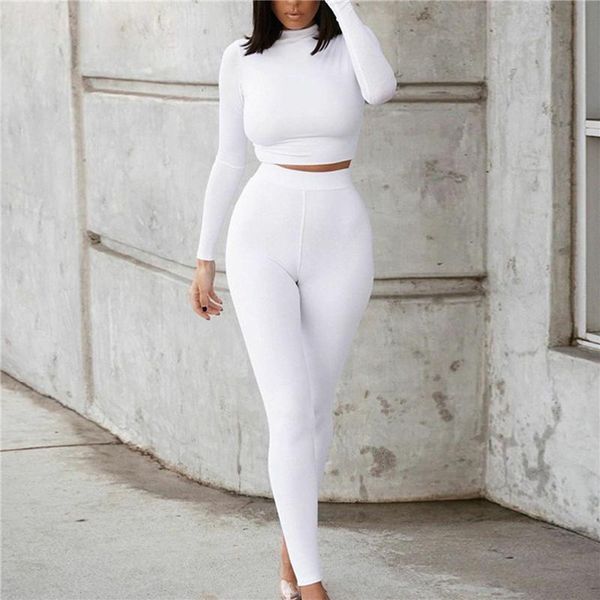 

women's two piece pants women fitness 2 set autumn casual turtleneck long sleeve crop slim bodycon ladies tracksuit, White