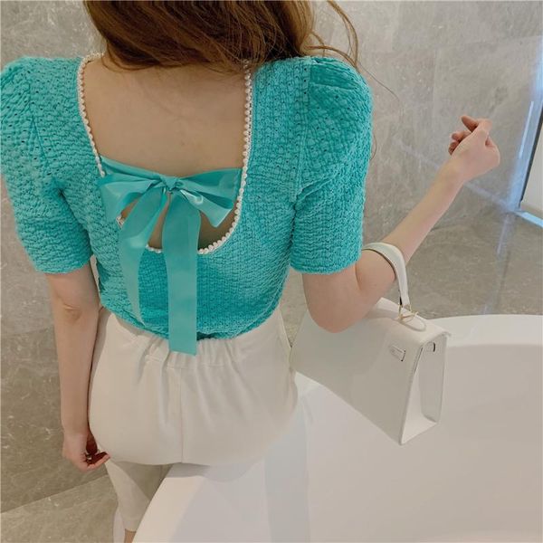 

women's t-shirt french niche puff sleeve summer 2021 retro temperament versatile short-sleeved design top, White