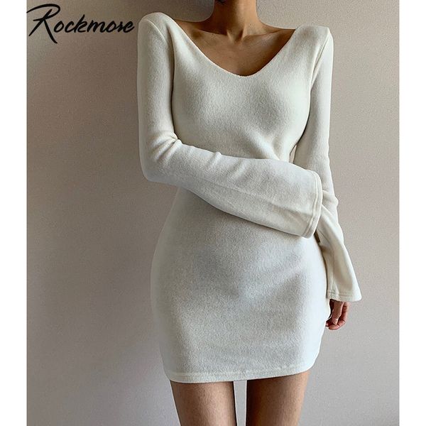 

rockmore deep v-neck mini dress women skinny long flare sleeve above knee dresses streetwear solid pure basic dress party, Black;gray