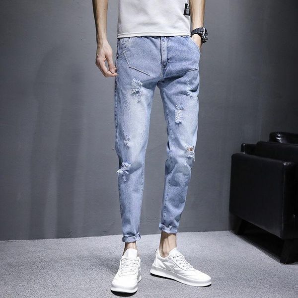

men's jeans fashion ripped casual pants solid color beggar thin trousers, Blue
