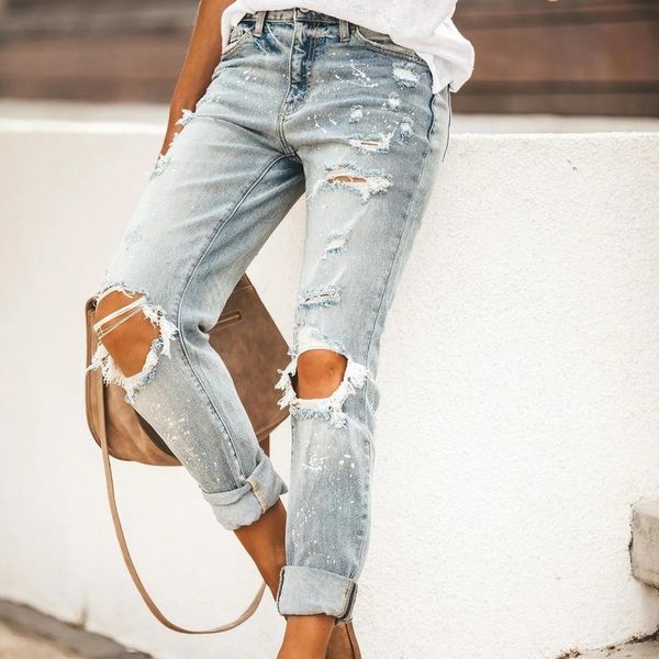 

women's jeans women fashion pant pull-on vintage distressed ripped pencil pants lady casual trousers high street denim female, Blue