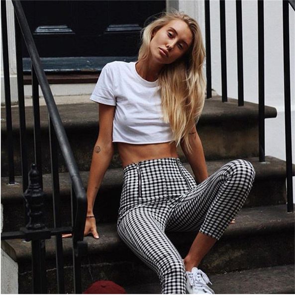 

women's pants & capris european and american autumn/winter clothing style plaid trousers zipper high waist casual p1720360 xl3u, Black;white