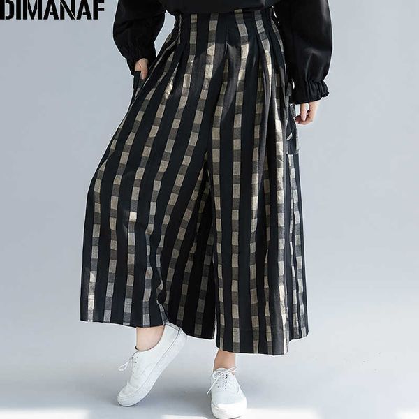 

plus size women wide leg pants autumn linen vintage long plaid oversized elastic waist large pantalones 5xl 210531, Black;white