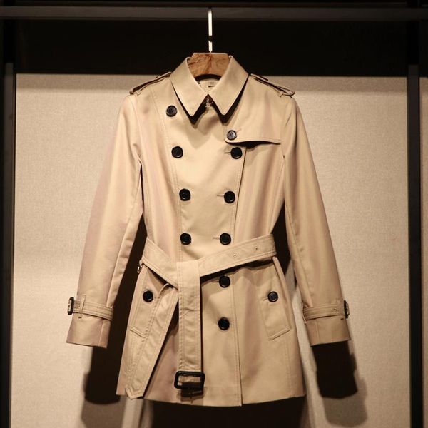 

women's trench coats women autumn lapel mid-length coat jacket double breasted outwear with belt khaki slim-fit short waterproof, Tan;black