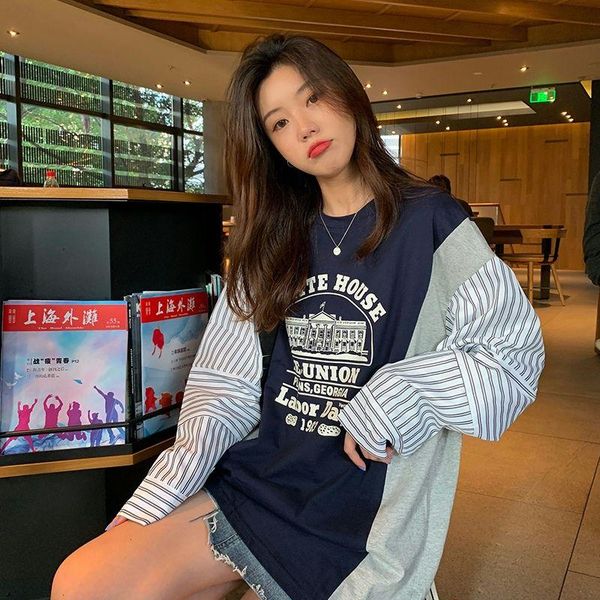 

women's t-shirt harajuku vintage stitching striped sleeves retro graphic female bottoming niche chic korean aesthetic y2k clothes, White
