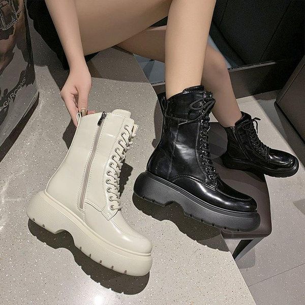 

boots 2021 women solid pu leather fashion zipper ankle boot ladies block heels flat outdoor party women's shoe spring autumn, Black