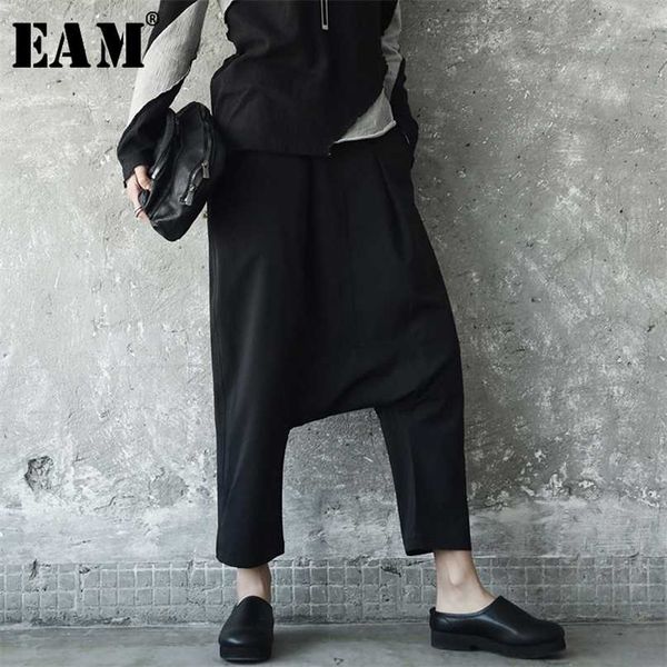 

[eam] spring solid color high elastic waist black losoe knitting split joint cross pant trousers fashion je8 211007, Black;white