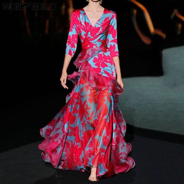 

women's elegant floral print ruffle dress ladies fashion v neck high waist corset party evening dress, Black;gray