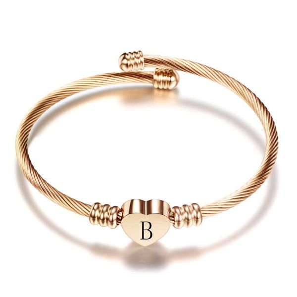 

bangle 5pcs rose gold stainless steel twist cuff bracelets c open adjustable heart beads laser initials letter bangles foe womens gifts, Black
