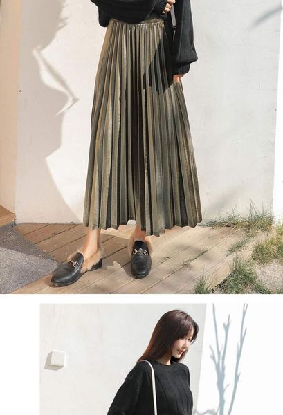 

skirts timis li women long metallic silver maxi pleated skirt midi high waist elascity casual party a line velvet, Black