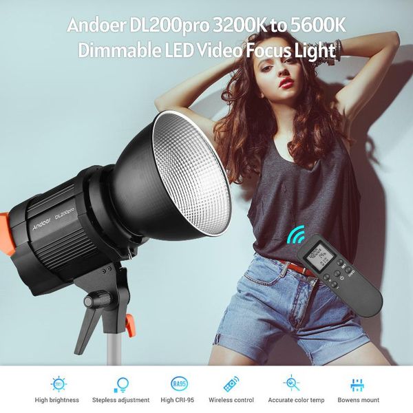 

flash heads andoer dl200pro cob led video light 200w 3200-5600k pography dimmable cri95+ bowens mount reflector remote control