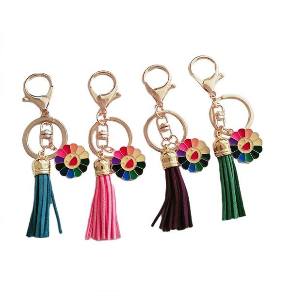 

party favor rainbow dripping oil pink sun flower tassel pendant keychain bag gift