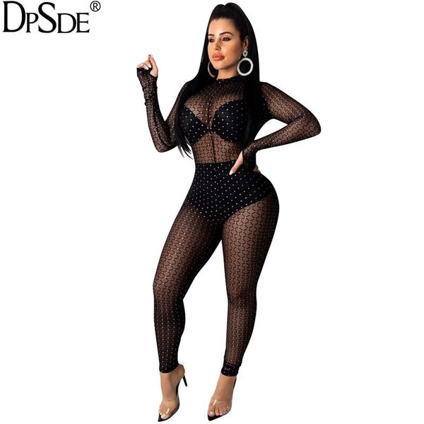 

women's jumpsuits & rompers dpsde black mesh backless women jumpsuit full sleeve see through party lace autumn bodycon long, Black;white