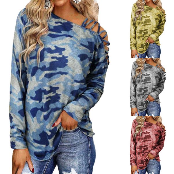 

women's tees t-shirt 2021 autumn winter fashion street pography camouflage print shoulder strap cross neck long sleeve t-shirt women, White