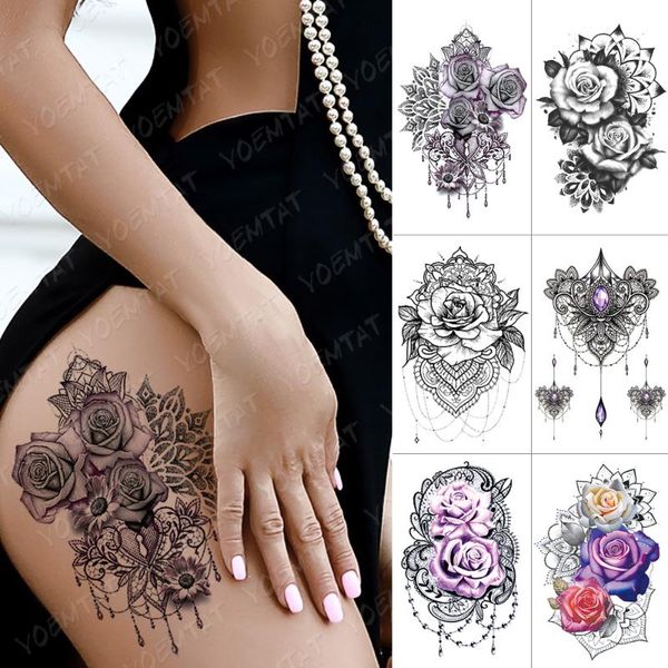 

temporary tattoos purple rose jewelry water transfer tattoo stickers women body chest art girl waist bracelet flash tatoos flower