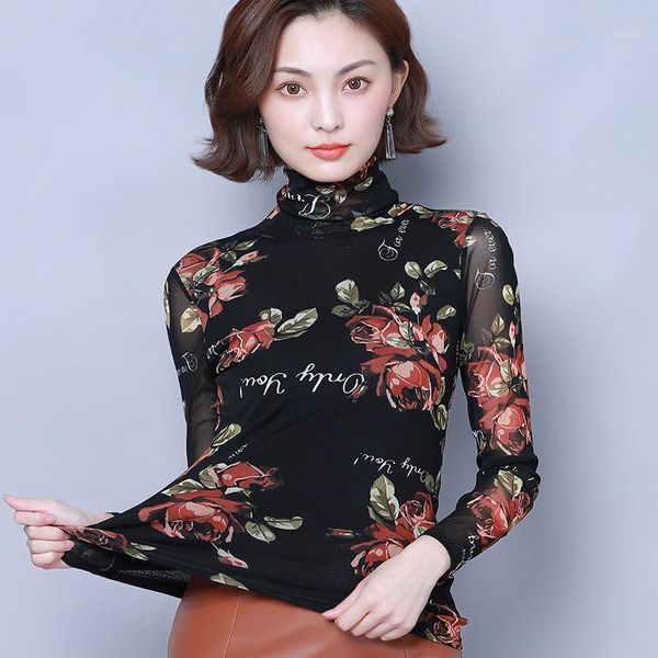 

women spring autumn style slim lace blouses shirts lady casual long sleeve turtleneck flower printed blusas dd8184 women's, White