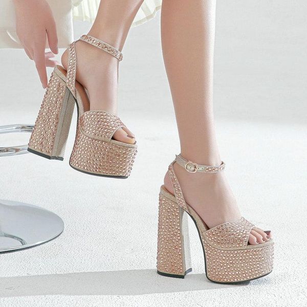 

sandals shiny crystal high heel platform shoes women fashion pink sliver wedding dress thick woman summer open toe, Black