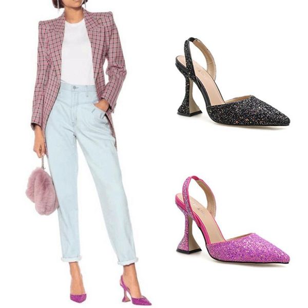 

dress shoes sequined bling sandals women pointed toe rose slingback strange high heel woman wedding heels party, Black