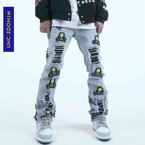

men's jeans uncledonjm skull embroidery ripped men high street skateboard baggy hip hop pants distressed 87293, Blue