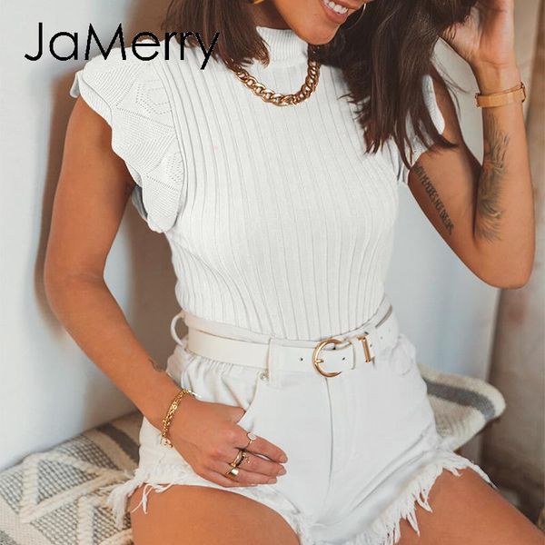 

jamerry white autumn winter pullover office ladies ruffle short sleeve turtleneck sweater slim tight stripe knitted women's sweaters, White;black