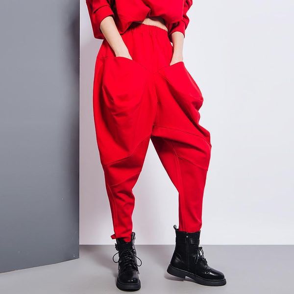 

women's pants & capris [] big pockets spliced irregular high waist harem trousers loose fit women fashion tide spring autumn 2022 1dd26, Black;white
